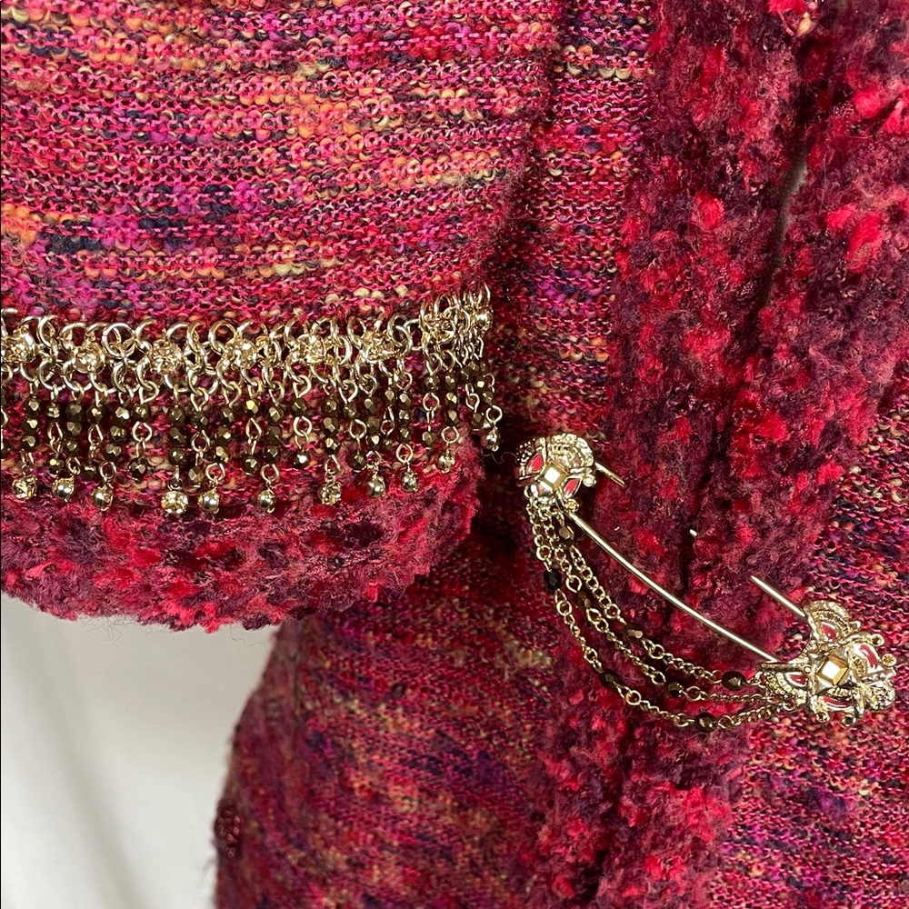 ST. JOHN couture Tweed Jacket Rich Burgundy gold crystal chain beaded fringe - Picture 4 of 17